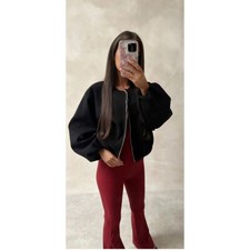 Womens Zip Bomber Jacket Ladies Long Balloon Puff Sleeve Zipper Jumper Crop Top