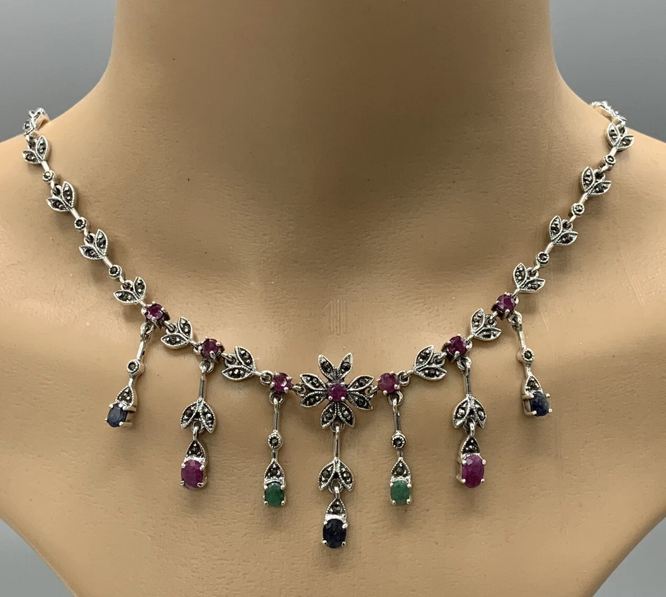 Kette Smaragd, Saphir, Rubin & Markasit 925er Silber - Bild 2 von 4