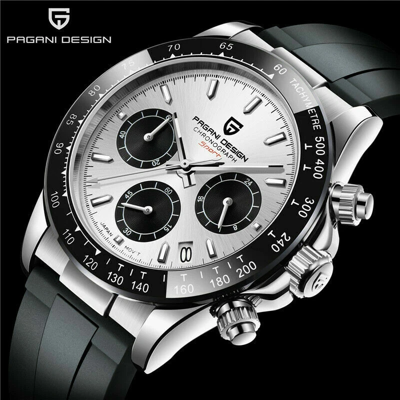 PAGANI DESIGN Chronograph Date Men Quartz Watch Waterproof Silicone Strap Box