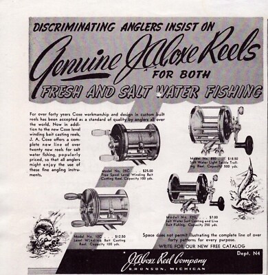 J A Coxe Reel Co Bronson Michigan 1941 Vintage Print Ad Fresh Salt Water Anglers