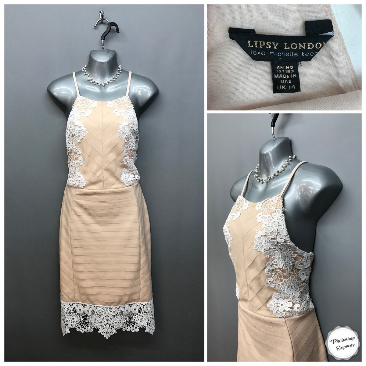 Lipsy London Michelle Keegan Nude Lace Strappy Occasion Dress UK
