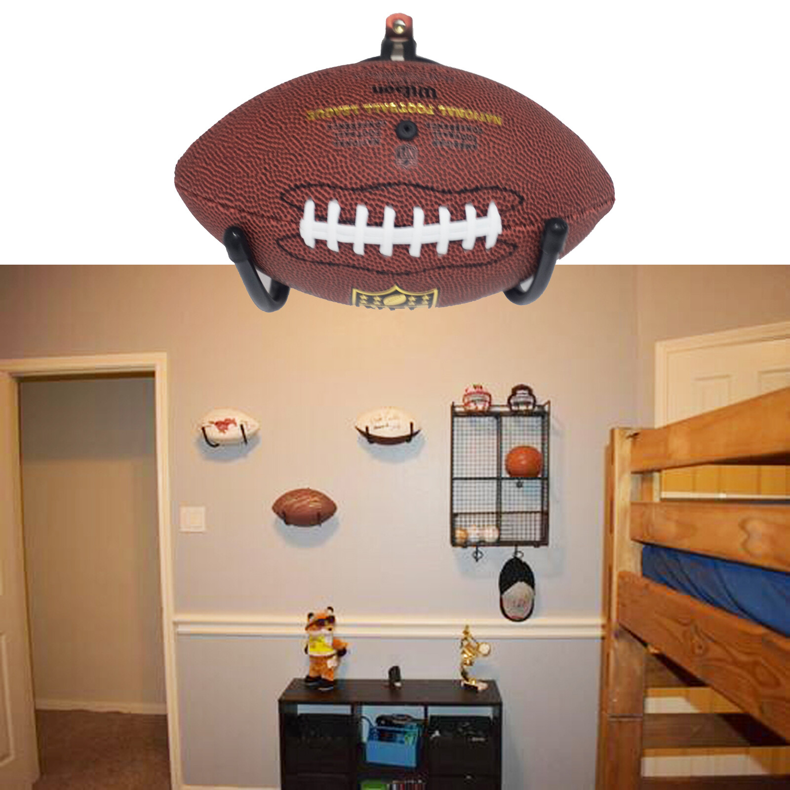 Wall Mount Football Holder Ball Rack Storage Display Stand WType Ball