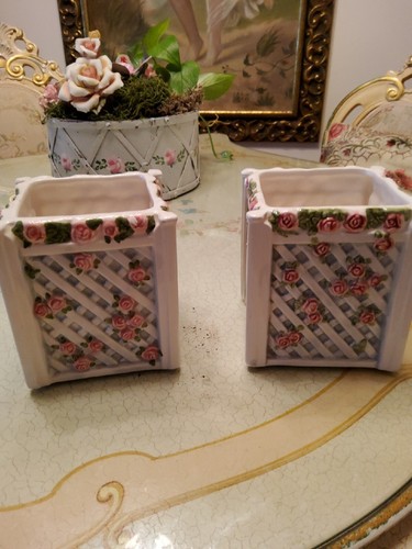 LBK Flower Pot Planter Vtg Home Garden Decor Plants Ceramic Pink White Pair Set - Picture 11 of 11
