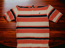 NEW WT BOYS CORAL BLUE WHITE STRIPE NAUTICA POLO COLLARED SHIRT LARGE 14/16