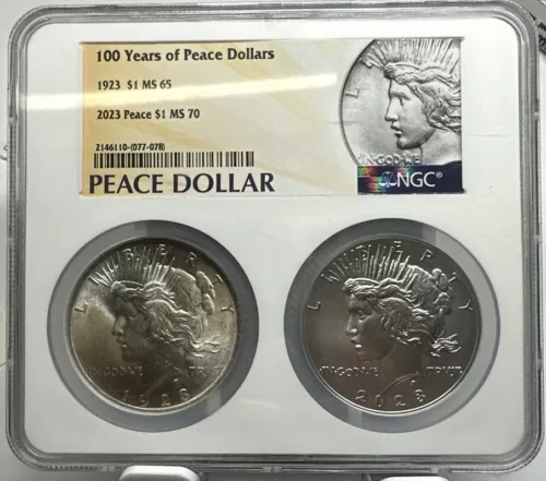 1923 & 2023 Peace Dollar 2-Piece NGC MS65/MS70 100 Years Of Peace Dollars