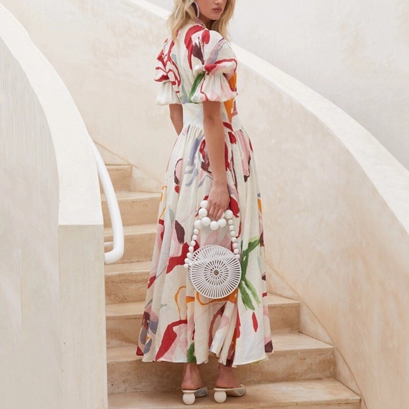 White Printed Long Dress With Waist Belt