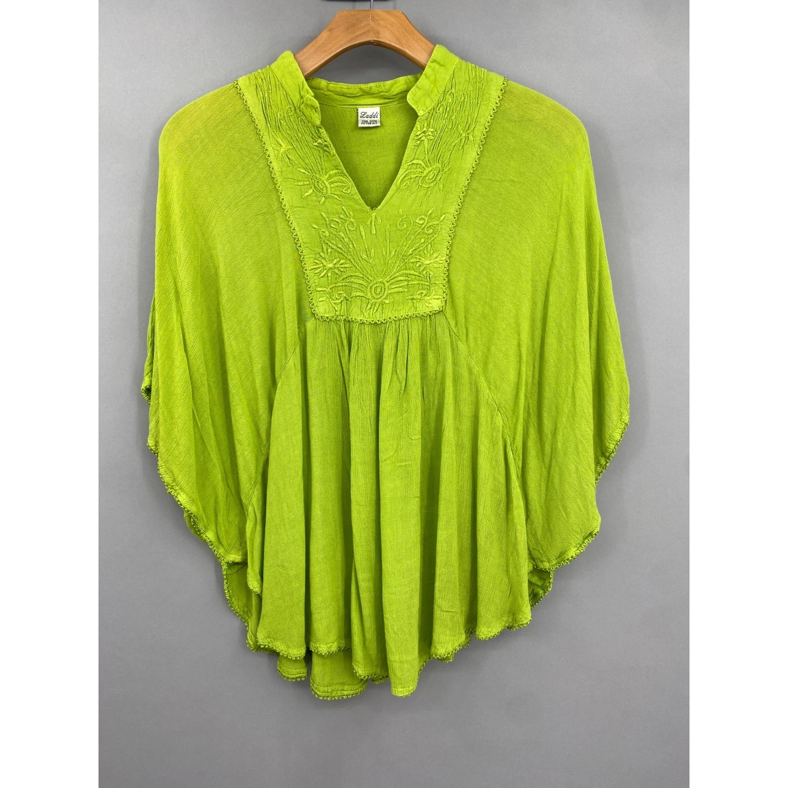 Laddi Embroidered Poncho Top Womens One Size Lime Green Boho Gauze Blouse