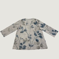 Women's Medium Blue Gray Leaf Print V-Neck 3/4 Sleeve Stretch Tunic Blouse