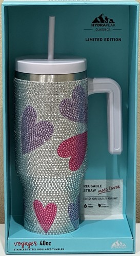 NEW HYDRAPEAK Rhinestone Pink And Purple Hearts Voyager 40 Oz BLING Tumbler