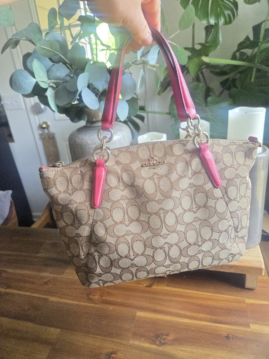 Coach F58283 Signature Canvas Tote Bag Khaki Pink Leather Trim Zip