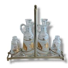 Vintage MCM Anchor Hocking Gold Leaf Salt/Pepper Shakers Oil/Vinegar Cruet Caddy