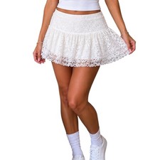 White Lace Mini Skirt Coquette Balletcore Ruffle Hem Cottagecore Beach Sz Small