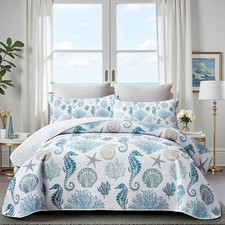 Coastal Bedding King Size Coastal Quilt with 2 Shams, Nautical Beach Comforter S