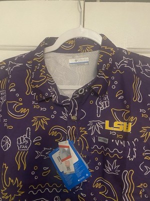 Columbia PFG Shirt Men's M Purple Super Slack Tide Fishing Button LSU Tigers New