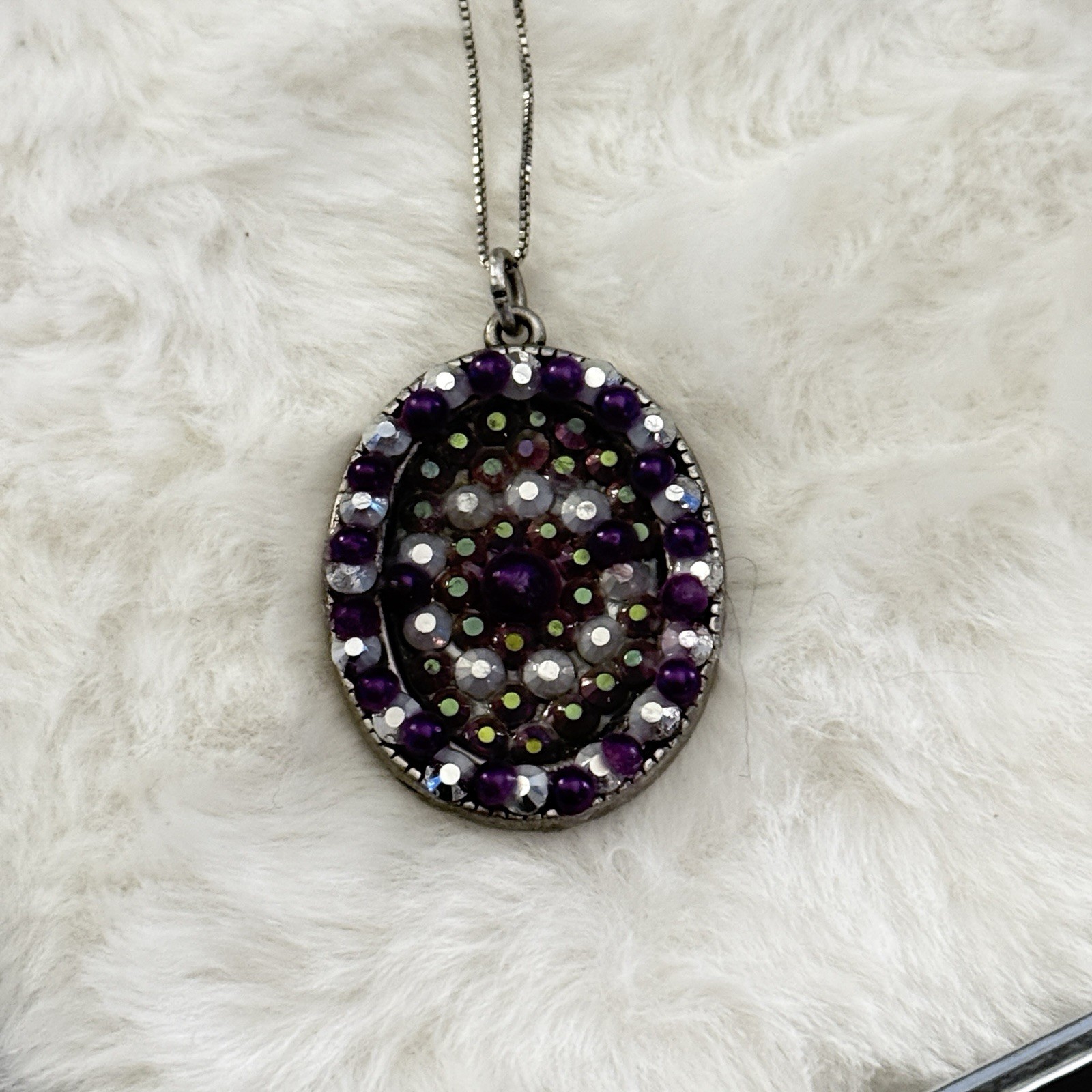 Amethyst & Crystal Beaded Oval Pendant Necklace – Vintage Glam Statement Jewelry