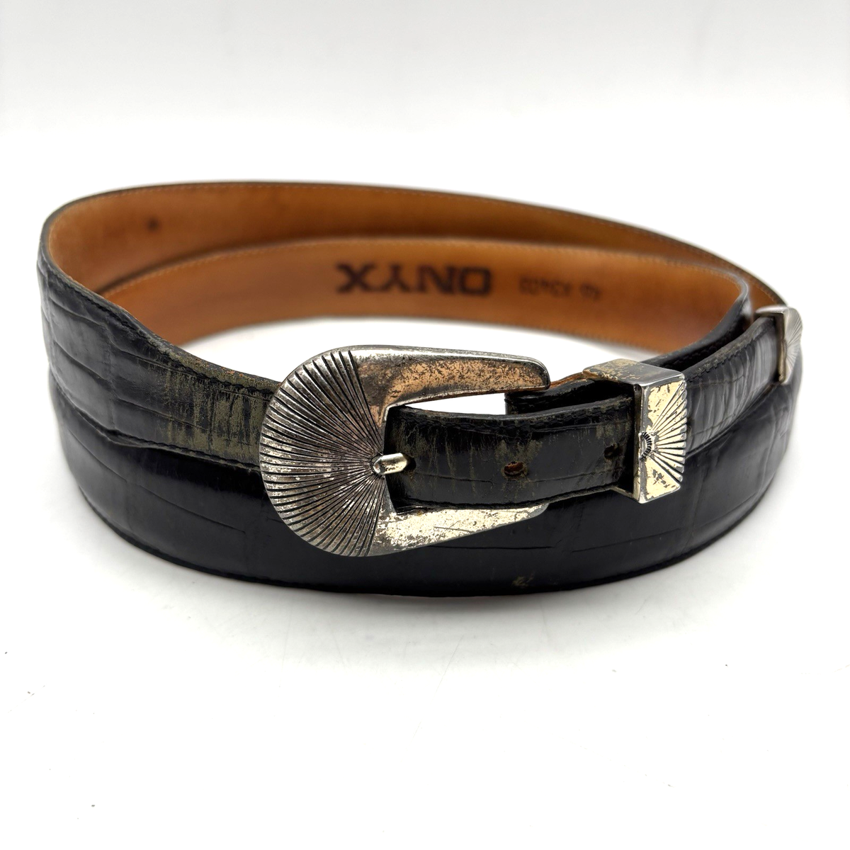 小物 ORIMI FLABBY LEATHER BELT BLACK Vintage 90s Onyx by Brighton X3403 Black Croc Emboss Leather