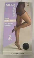 Silk Impressions Panty Hose XL Sheer High Waisted Ultra Fine Soft 15D Black 2PK