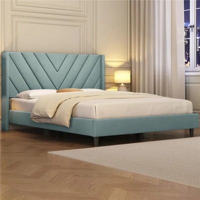 Marco De Cama Plataforma Tapizada Terciopelo Cama Queen Size Cabecera Light Blue