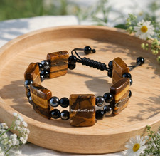 Tiger Eye Square Bead Bracelet Men Triple Protection Obsidian Hematite Energy