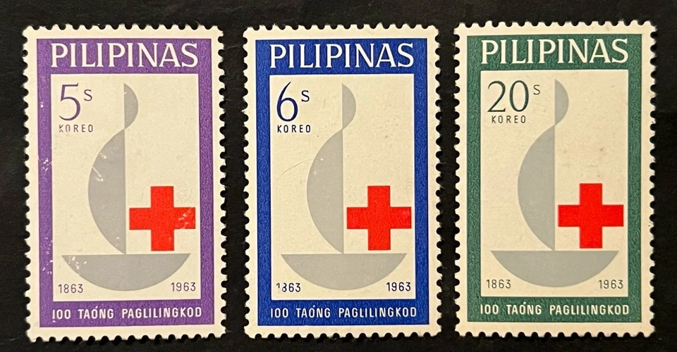 Дорожные марки: 1963 Филиппины марки Скотт #886-888 Красный крест столетие MOGH - Изображение 2 из 4