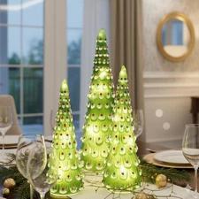Set of 3, Light Up Glass Christmas Trees with Timer, Hand-Painted Table Top C...