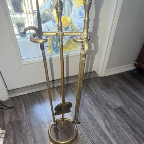 Vintage Brass Gold Fireplace Companion Set Stand Shovel Poker Tongs