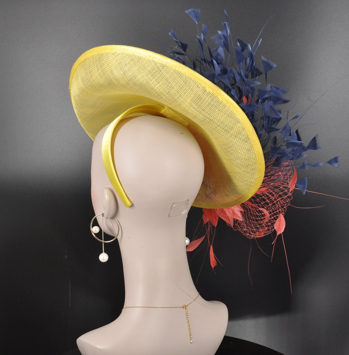 Yellow Coral Pink Navy Blue Feather Flowers Fascinator Hat  display picture 3