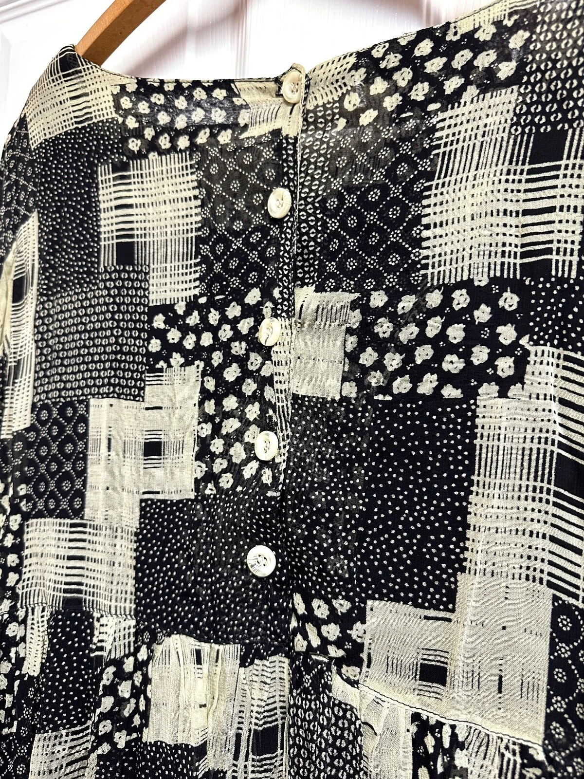 OFF WHITE Abito vintage anni 90 Santa Fe rayon garza stropicciato nero bianco sporco patchwork MEDIA