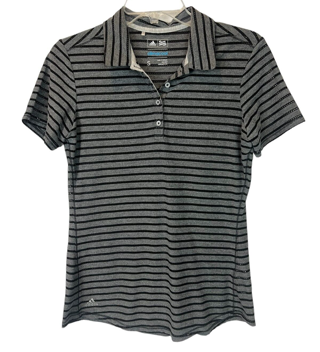 Adidas ClimaCool Polo Shirt Womens S Gray Black Activewear Knit Mesh Top