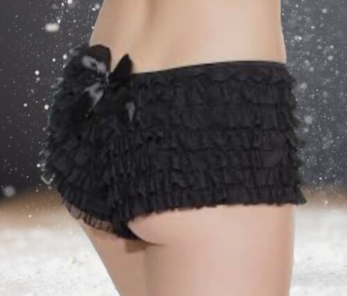 NEW La Petite Coquette Ruffle Booty Shorts Black Stretch Burlesque Bloomers OS - Afbeelding 1 van 7