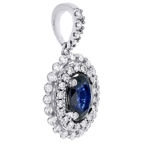 14K or Blanc Ovale Naturel Saphir Bleu & Diamant Pendentif 0.75 " Breloque 1/4 - Picture 2 of 6