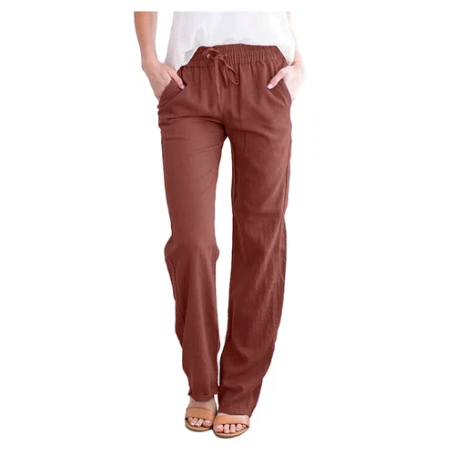 Damen Gerade Elastische Taille Hose Kordelzug Baumwolle Leinen Freizeit Lockere Hose - Bild 8 von 43