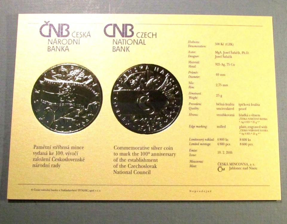 2016 Czech 500 Korun Silver PROOF Coin Czechoslovak National Council Slovakia - Image 4 of 4