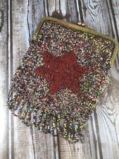 Vintage Antique Beaded Fringed Coin Purse Bag with Chain and Clasp Flapper