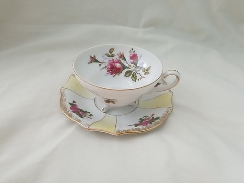 Hinode Japan Footed Tea Cup And Saucer Hand-Painted Rosebud Pattern Vintage