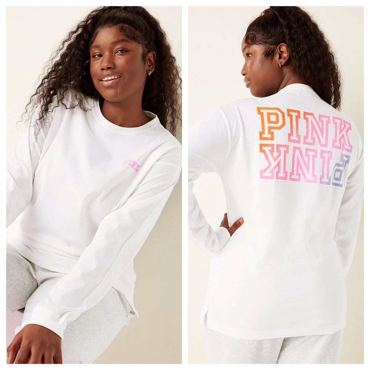 VS VICTORIAS SECRET PINK CAMPUS LONG SLEEVE TEE TOP OPTIC WHITE DIP DYE XXL