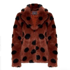 Ichi Gingerbread Brown Faux Fur Coat With Abstract Accents Sz 40 Large Nwt
