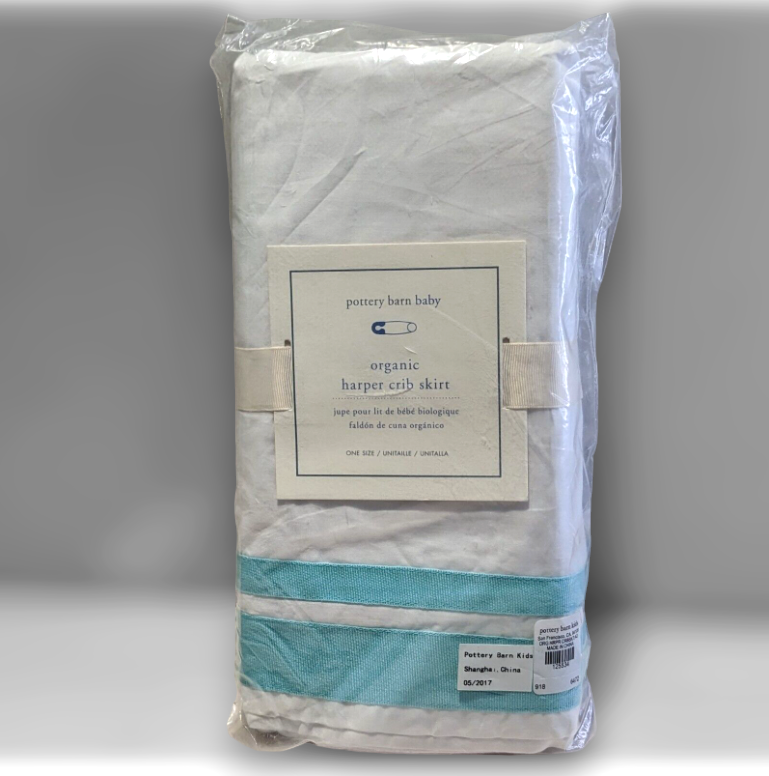 Pottery Barn Baby Harper Crib Skirt WHITE AQUA Stripes NWT