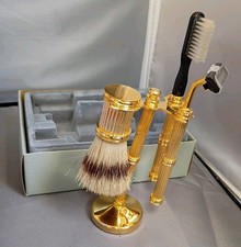 Gentlemen VTG RAZOR  SHAVING BRUSH on Stand 4-Piece Gold Color Gift Set