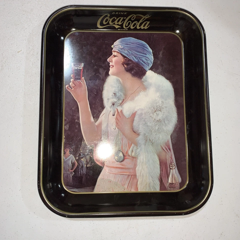 Vintage Coca Cola Coke Metal Tray Pink Lady Blue Hat Flapper Girl black back - Image 4 of 4