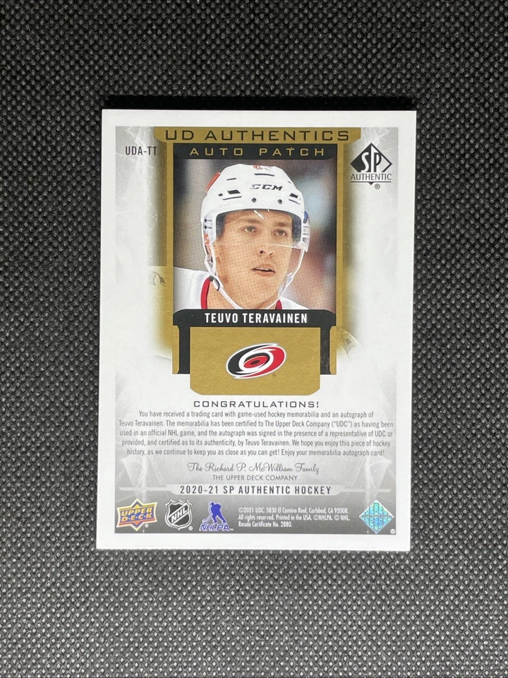 2020-21 UD SP Authentic Teuvo Teravainen Carolina Gold Auto Patch 44/49🔥UDA-TT - Image 2 of 2