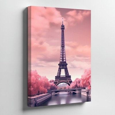 Eiffel Tower Paris Canvas Wall Art Pink Sky Landscape Photography Print Home