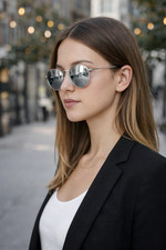 Round Mirrored Sunglasses Silver Metal Frame Unisex w/ Case