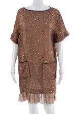 Paola Zuin Womens Shift Floral Brown Short Sleeve Knee Length Dress Size 40