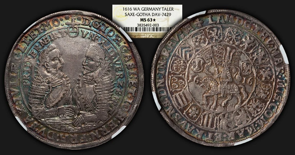 1616WA Germany Saxe-Gotha Taler MS63☆ Star Top Scarce Incredibly Eye Appeal Tone - Image 3 of 3