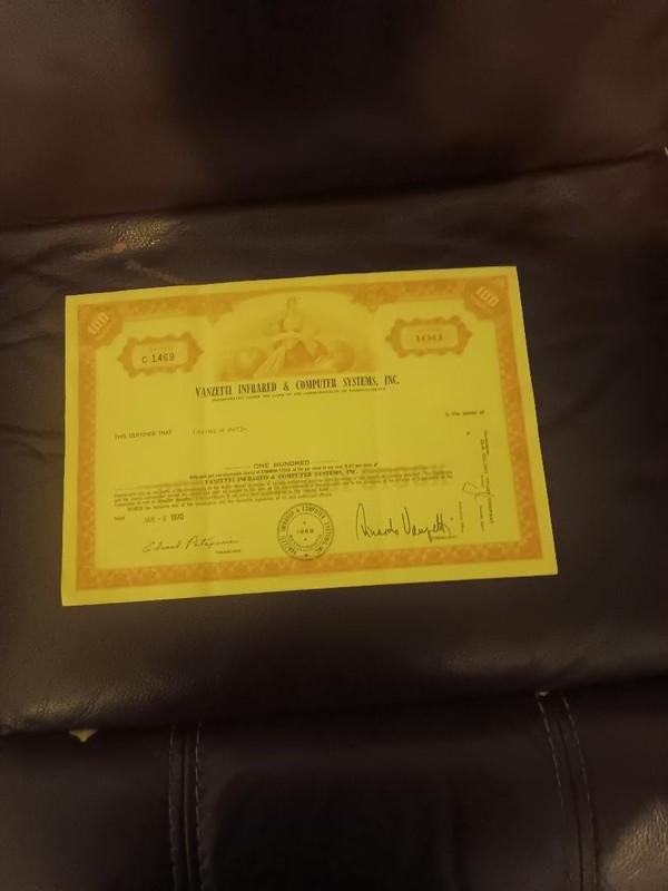 VANZETTI IBFRARED & COMPURTER SYSTEMS,INC 100 SHARES STOCK CERTIFICATE  1486