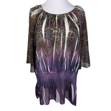 Style & Co Purple Damask Print Smocked Waist Peplum Blouse Woman's 2X Boho Sheer