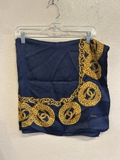 Vintage Authentic Chanel Dark Blue Gold Chain Silk Scarf