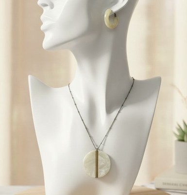 Retro Cream Marbled Lucite Disc Pendant Necklace & Matching C-Hoop Earrings Set