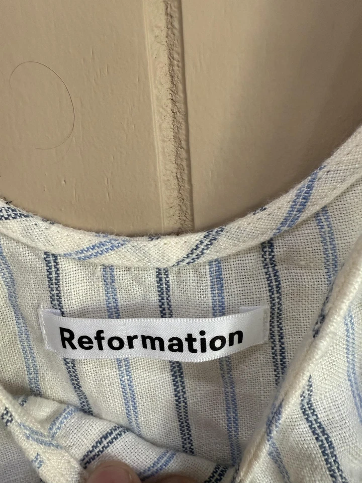 Reformation Dress Womens XS White Blue Striped Linen Scoop Neck Tank Mini Shift - Image 3 of 4